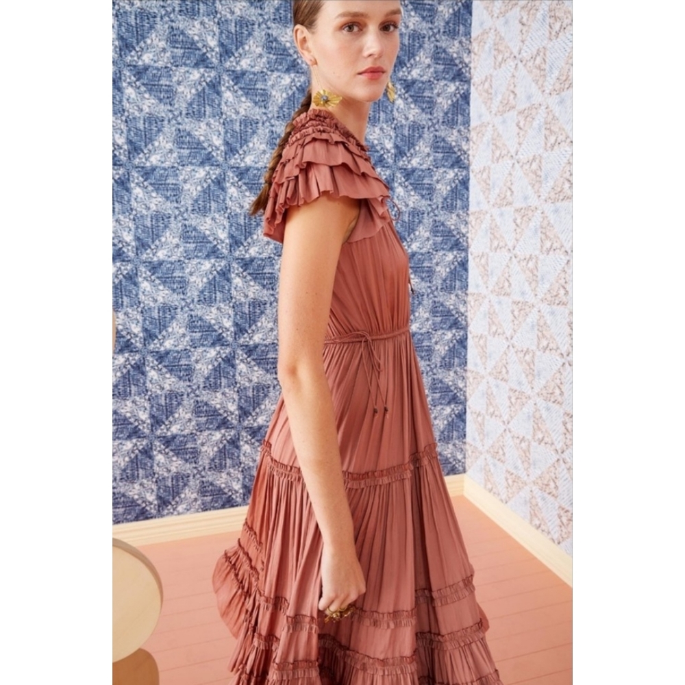 Ulla Johnson | Josephine Shirred Ruffle Satin Midi Dress Size 0